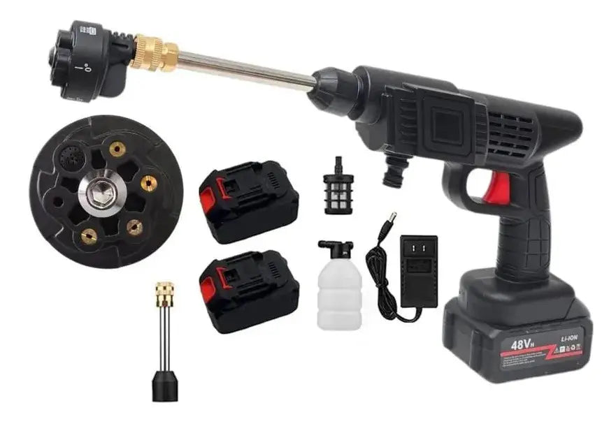 Potente Hidrolavadora 48v Con Boquilla 6 En 1 + 2 Baterías Color Negro + Aspiradora portátil recargable